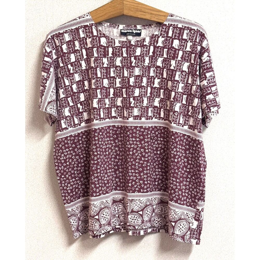 Vintage Burgundy Southwest Tribal Border Print Knit Top L  Marcia Lyons USA